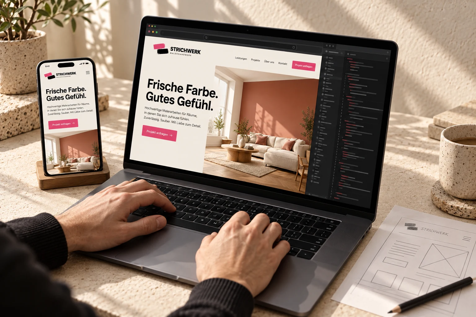 Die STRICHWERK-Beispielwebsite wird am Laptop entwickelt und daneben in einer mobilen Ansicht gezeigt.