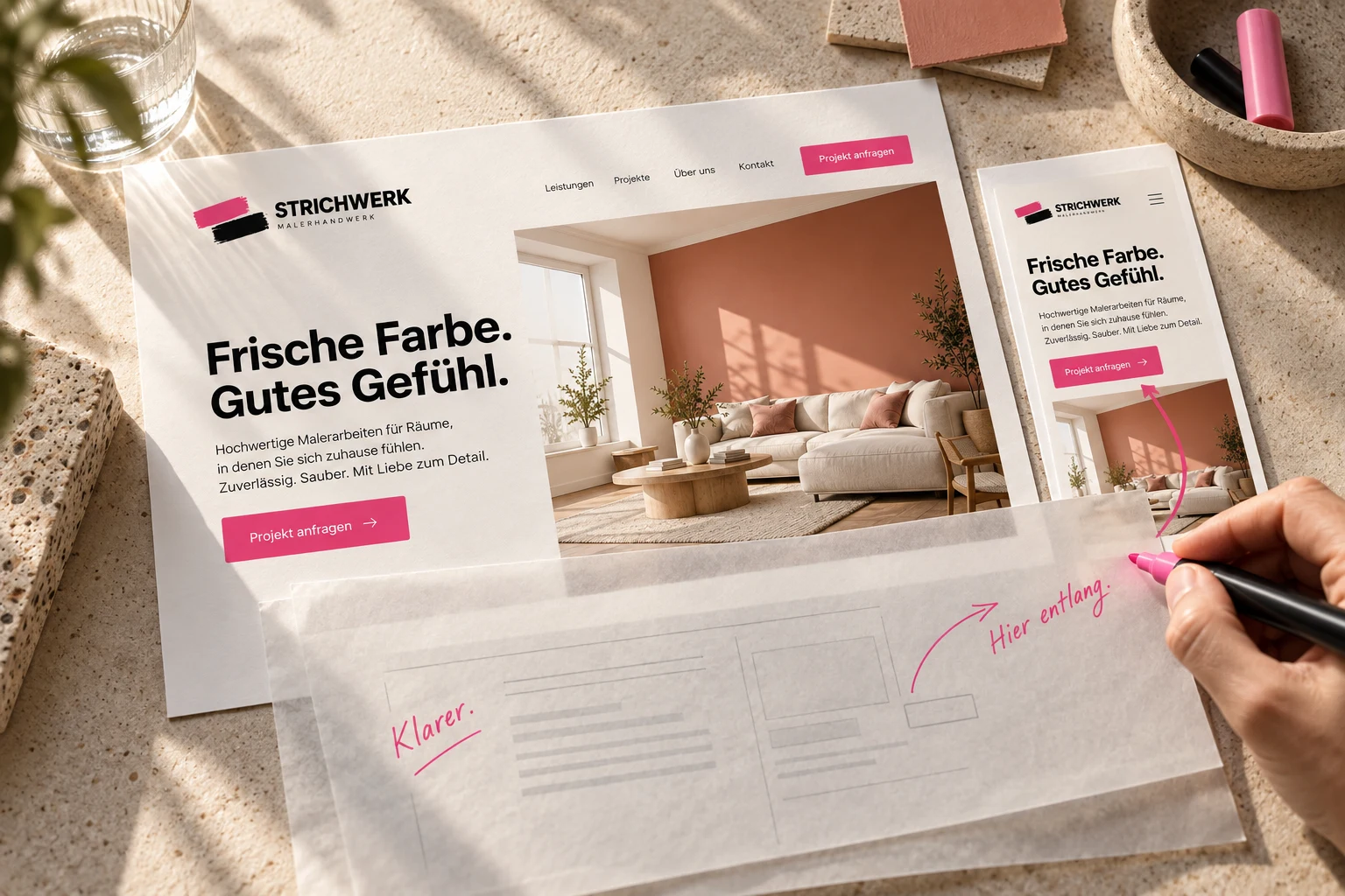 Ausgearbeitete STRICHWERK-Entwürfe für Desktop und Handy mit pinken Feedback-Anmerkungen auf Transparentpapier.