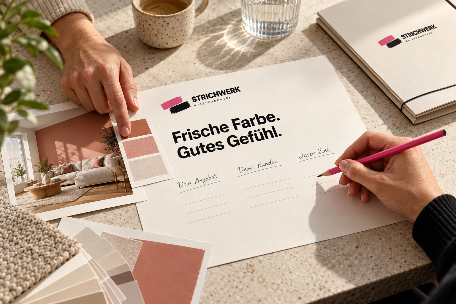 Zwei Personen besprechen Angebot, Kunden und Ziel des fiktiven STRICHWERK-Projekts anhand von Unterlagen.