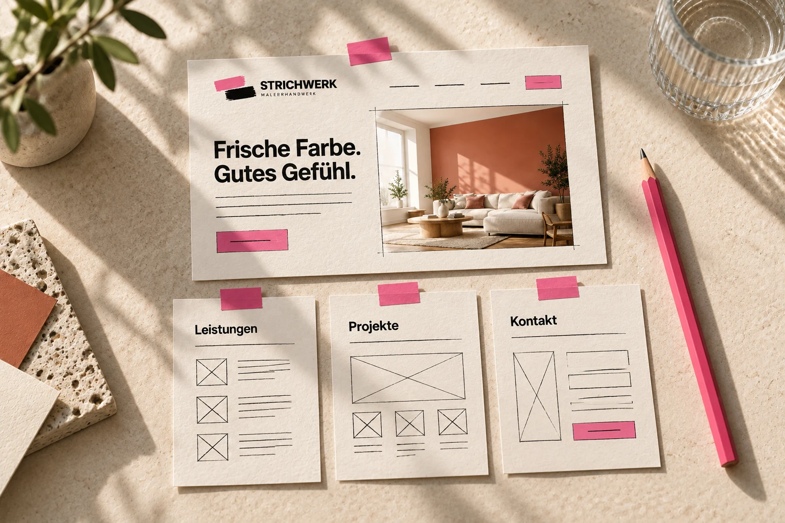 Geordnete Papierentwürfe für Startseite, Leistungen, Projekte und Kontakt des STRICHWERK-Beispiels.