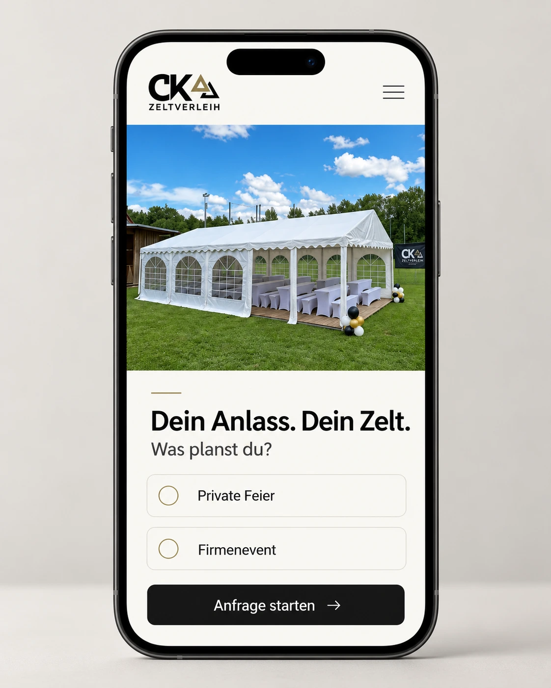 Ergänzende Ansicht des Präsentationskonzepts für CK Zeltverleih.