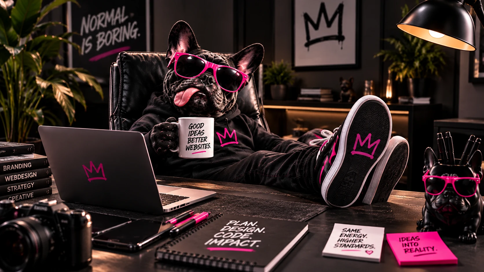 Die ZANOQ Bulldogge mit pinker Sonnenbrille, Laptop und Kaffeetasse im kreativen Studio.