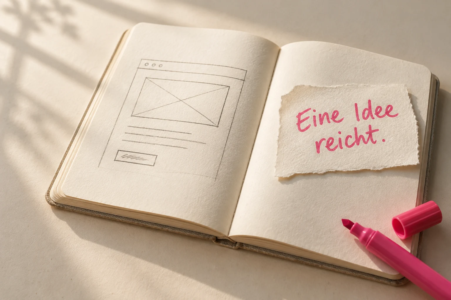 Ein offenes Notizbuch mit einer einfachen Website-Skizze und dem handgeschriebenen Satz: Eine Idee reicht.