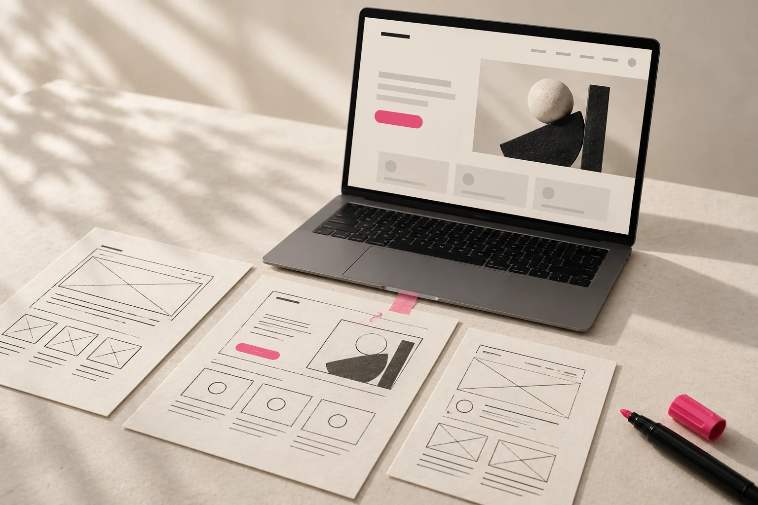 Website-Entwurf auf einem Laptop, davor Papierpläne und ein pinker Marker.