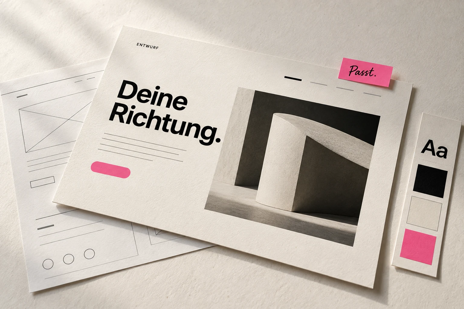 Abgestimmter Website-Entwurf mit Farbmustern und einer pinken Feedback-Notiz.