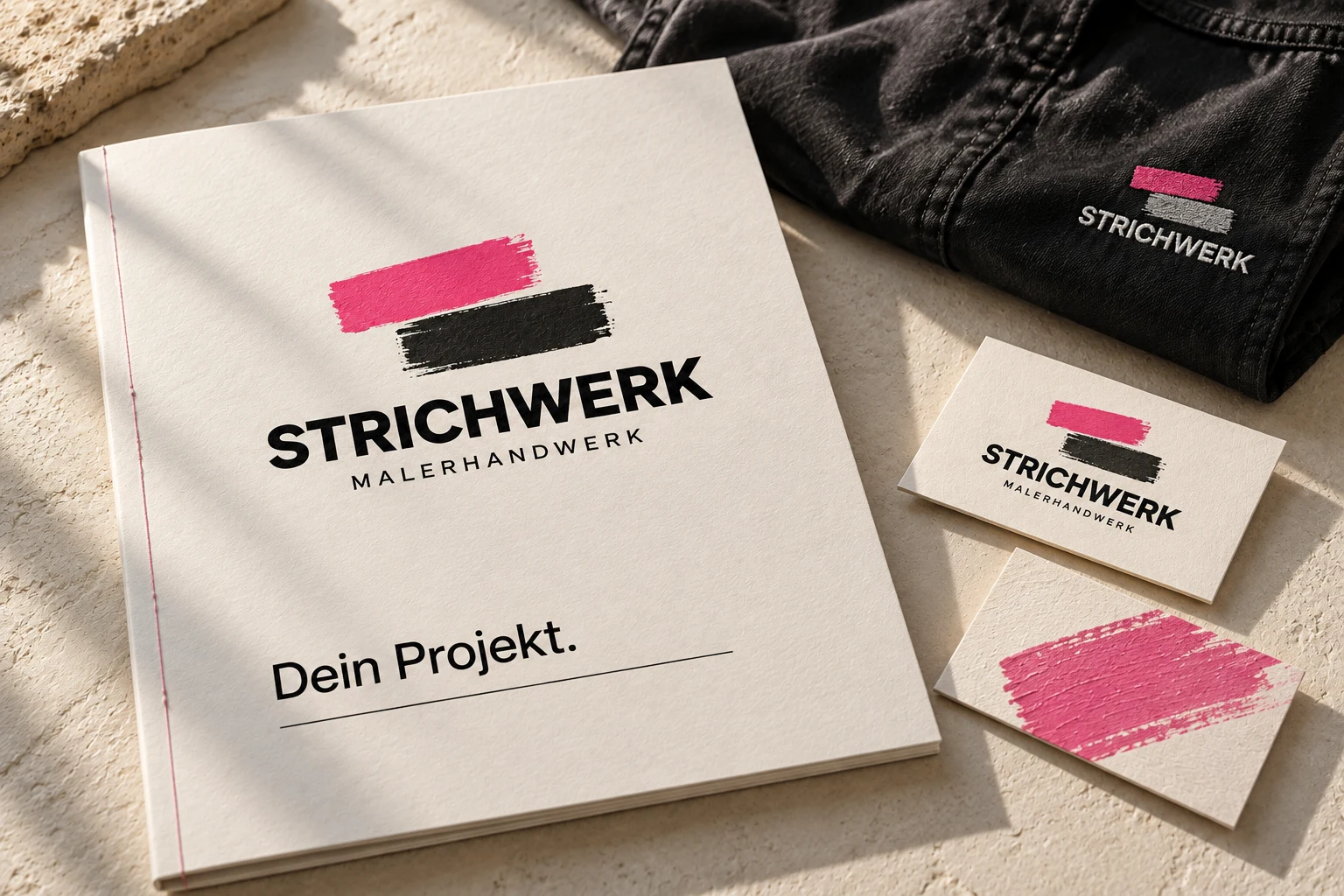 STRICHWERK-Beispielgestaltung auf Angebotsmappe, Visitenkarten und bestickter Arbeitskleidung.