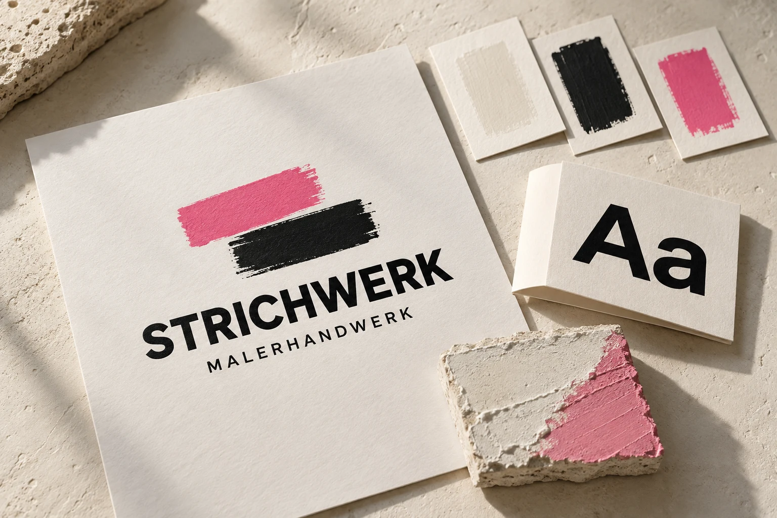 Fiktives STRICHWERK-Konzept: Wortmarke, Farbmuster und Typografie auf strukturiertem Papier.