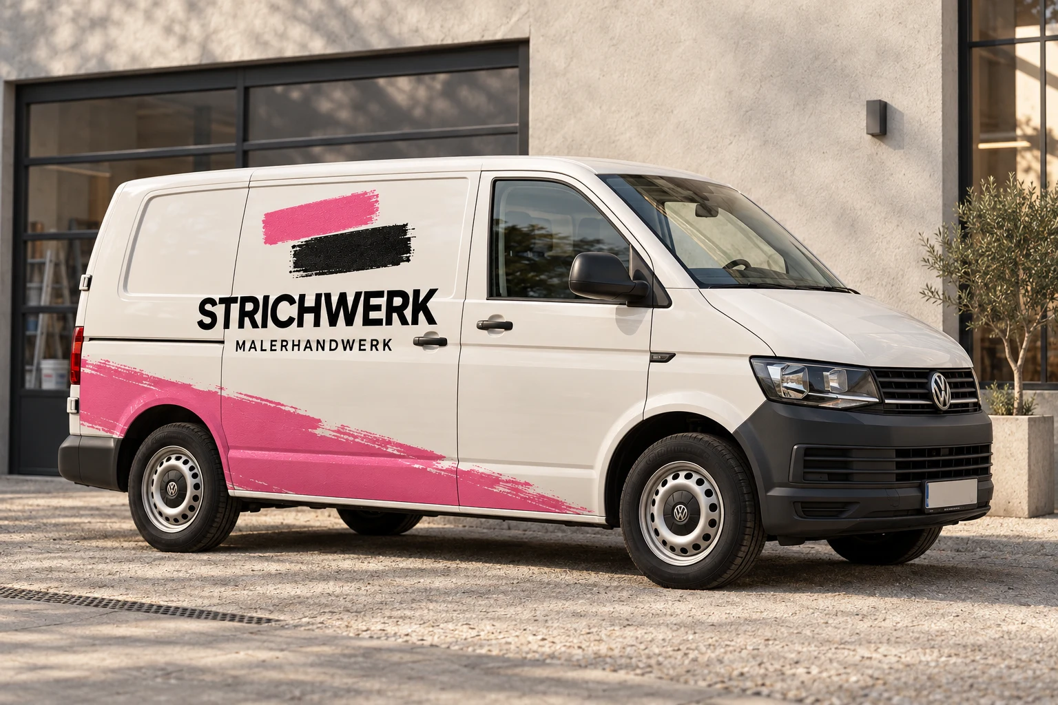 Fiktiver STRICHWERK-Firmenwagen mit gut sichtbarem Schriftzug und pink-schwarzen Pinselstrichen.
