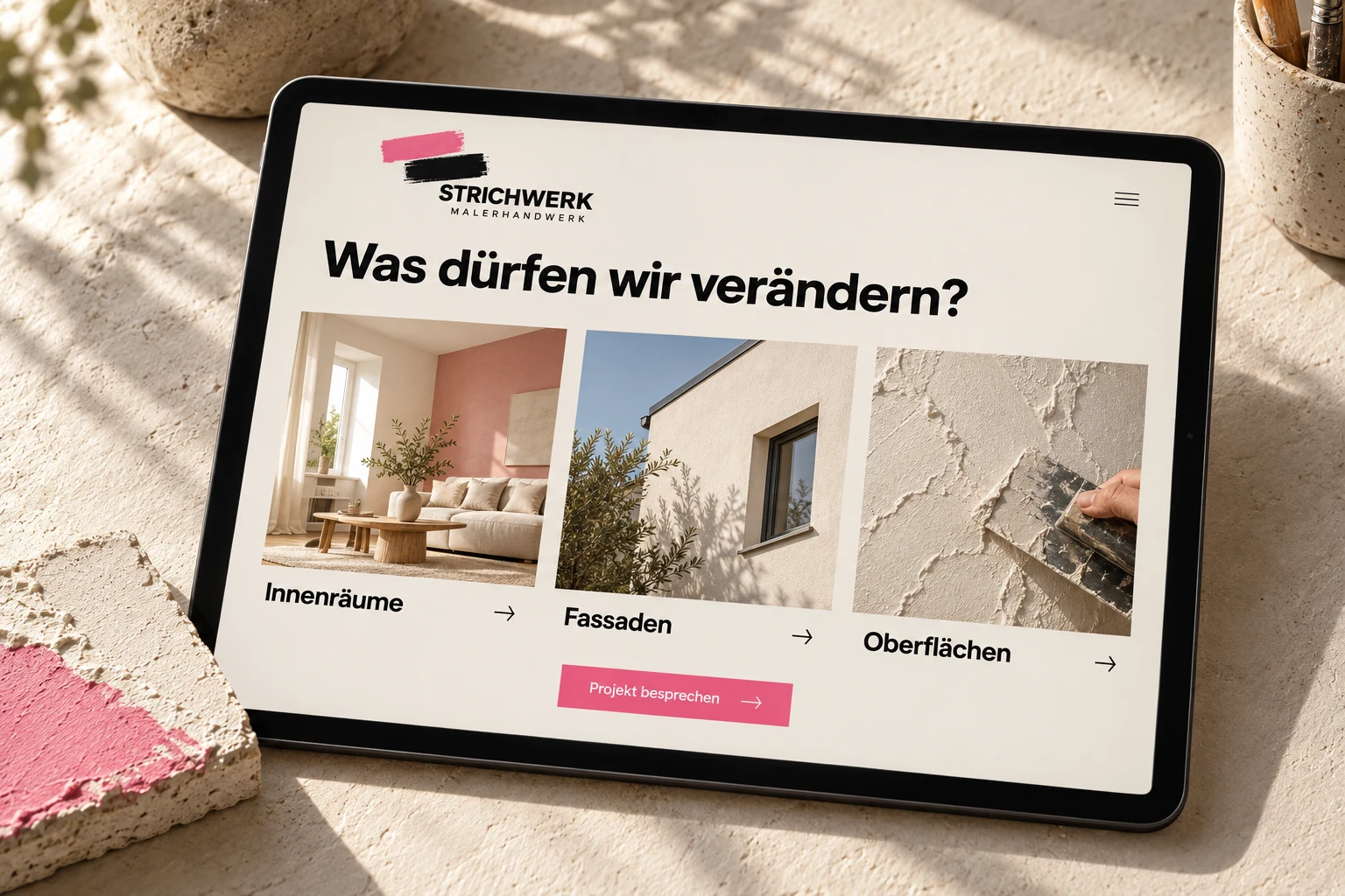 STRICHWERK-Beispielwebsite auf einem Tablet: Innenräume, Fassaden und Oberflächen sind als Leistungen klar zugeordnet.