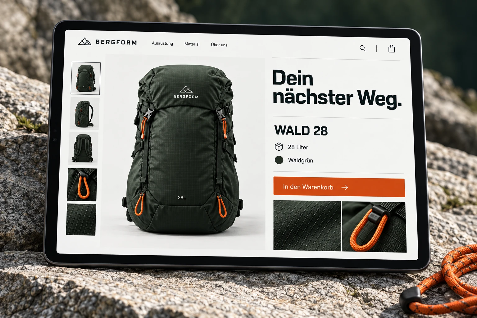 BERGFORM-Produktentwurf mit Rucksackgalerie, Materialdetails und Produktauswahl.
