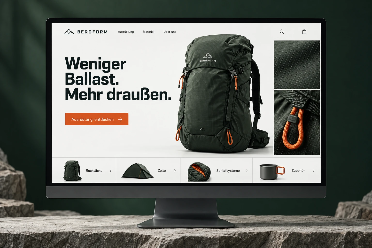 BERGFORM-Shopkonzept mit grünem Wanderrucksack und orangefarbenen Akzenten.