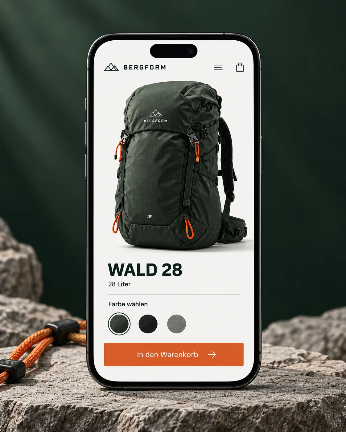 Mobiler BERGFORM-Entwurf mit Rucksack, Farbauswahl und Warenkorb-Schaltfläche.