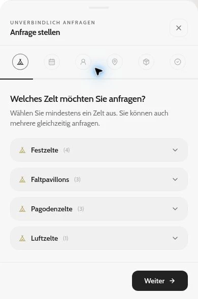 Originalausschnitt des mobilen CK-Anfragefensters mit Zeltauswahl und Weiter-Schaltfläche.