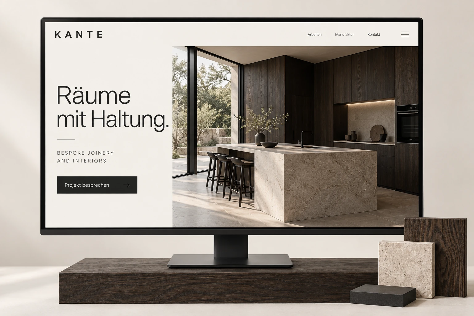 KANTE-Konzept: Desktopwebsite mit dunkler Eichenküche und heller Typografiefläche.