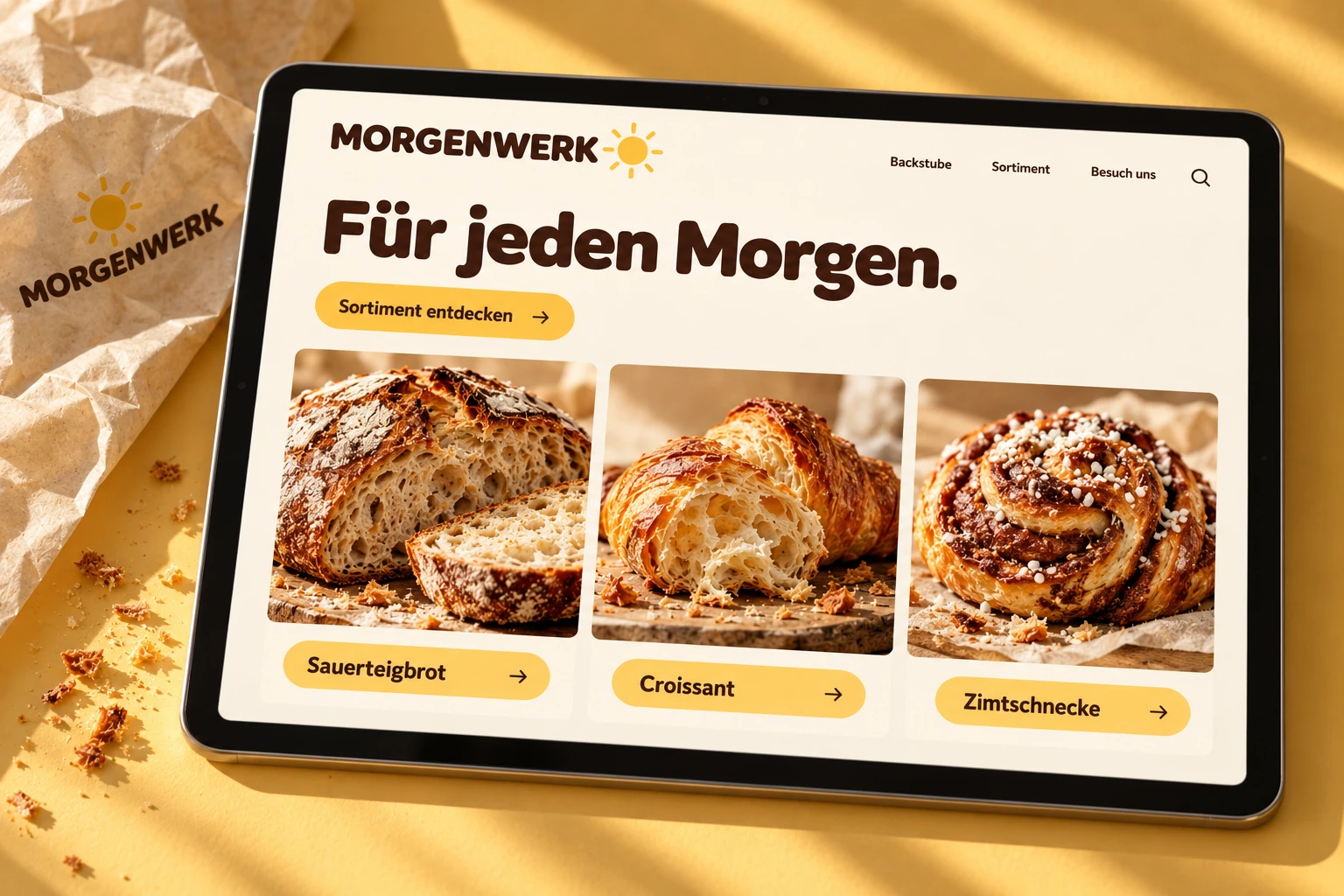 MORGENWERK-Sortimentsentwurf mit Sauerteigbrot, Croissant und Zimtschnecke.