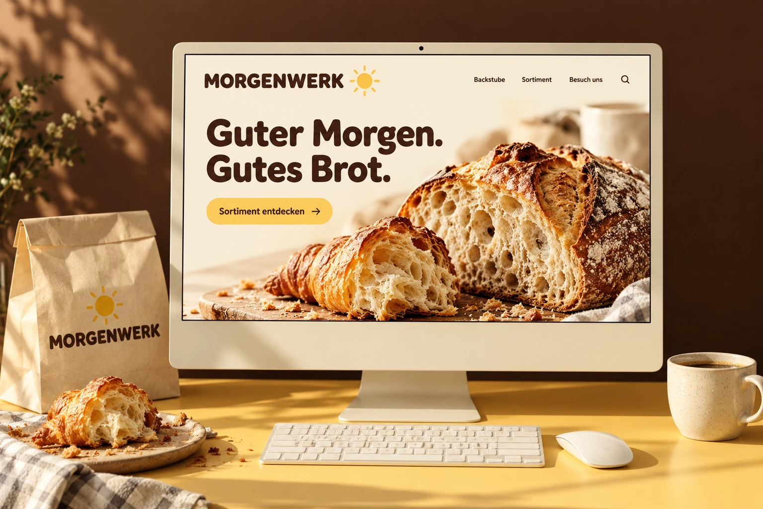 MORGENWERK-Konzept: Website in Buttergelb und Braun mit Sauerteigbrot und Croissant.