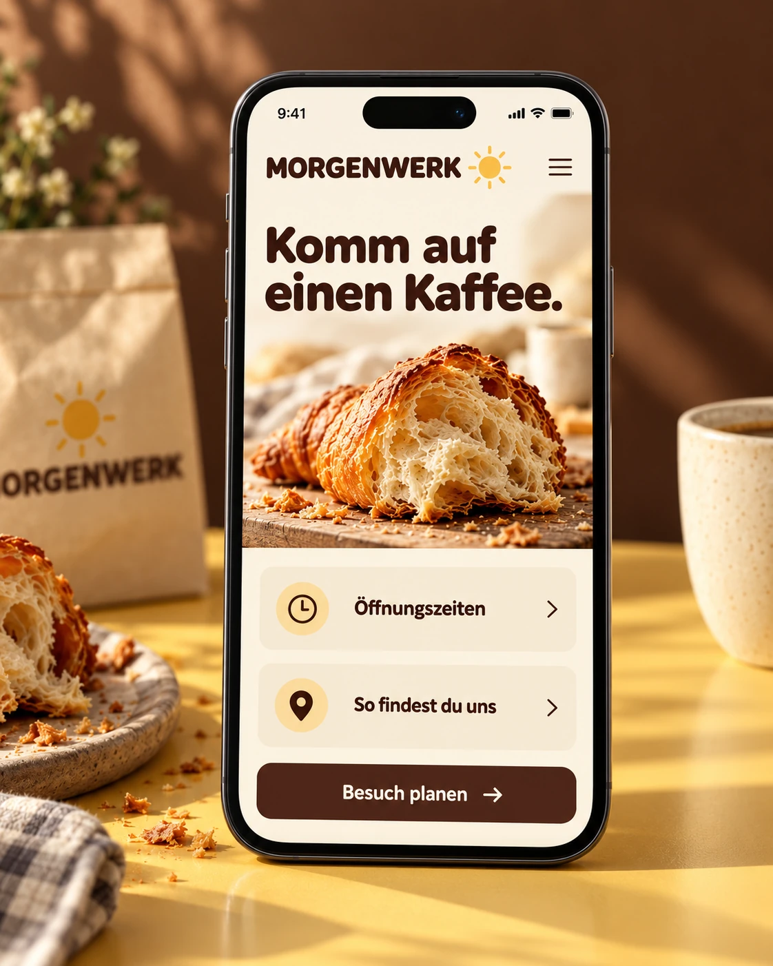 Mobiler MORGENWERK-Entwurf mit Zugängen zu Öffnungszeiten und Anfahrt.