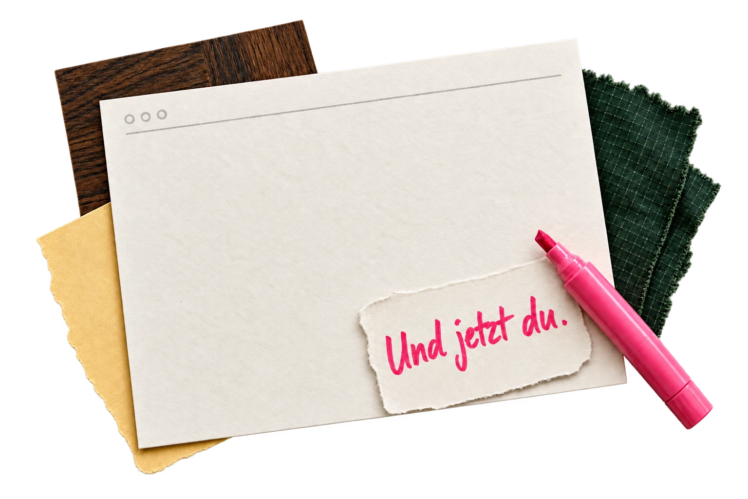 Leeres Website-Blatt mit Materialmustern der drei Konzeptmarken und der Notiz: Und jetzt du.