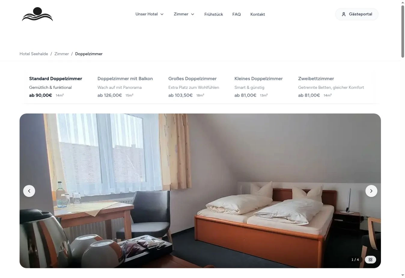 Originalansicht der Seehalde-Zimmerseite mit Zimmerkategorien und Fotogalerie.